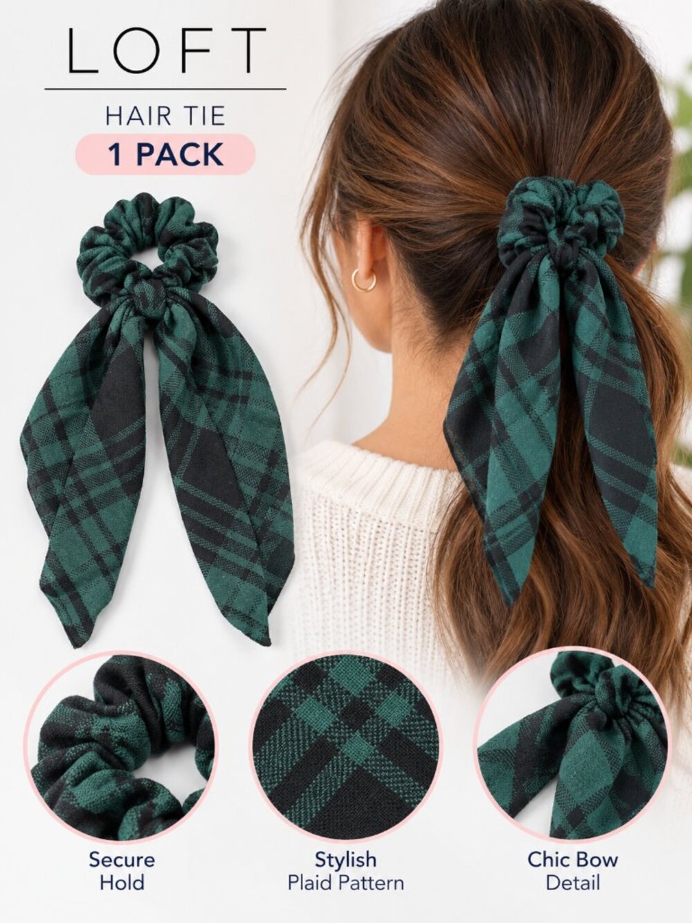 LOFT Secure Hold Hair Tie Green Black Plaid Hair Accessory 1 Pack NWT